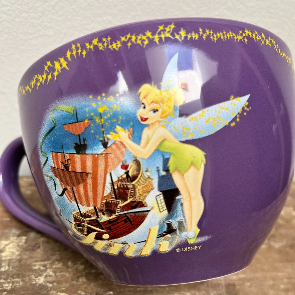 Disney Store Tinker Bell Jolly Roger Pirate Ship Purple Coffee Mug Retired 16 oz